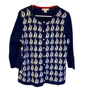 Coldwater Creek Women's Sailboat Sweater Cardigan Size L 14 Preppy Navy Blue